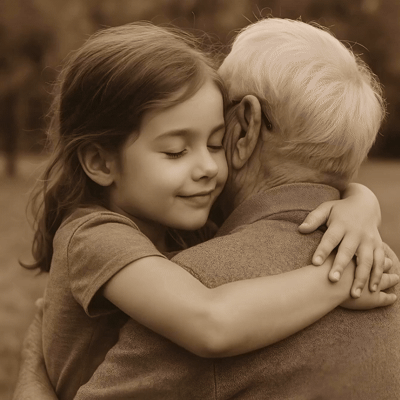 A sepia-toned photo of a child hugging their grandparent